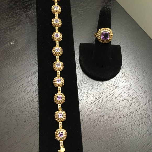 925 Silver Gold Plated Amethyst CZ Ring & Bracelet - Picture 5 of 14
